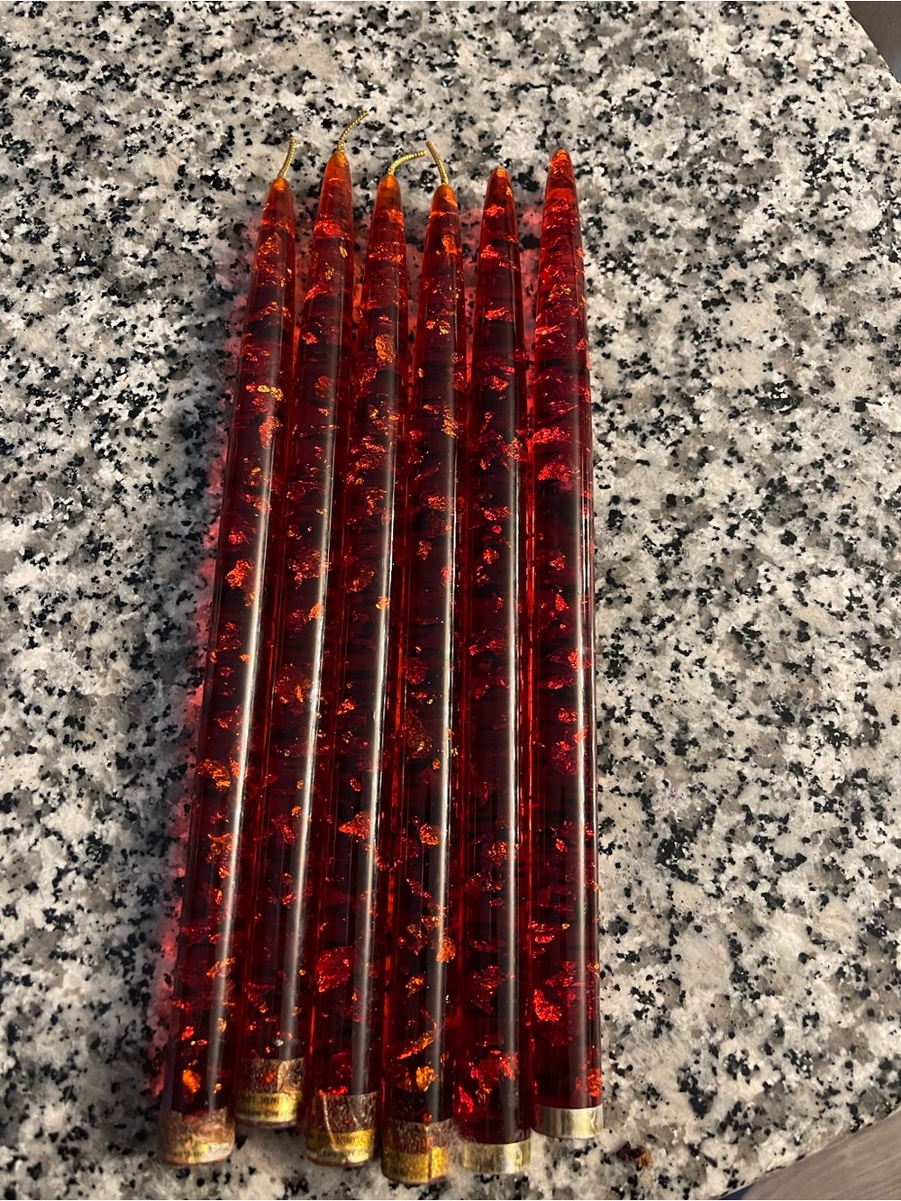 MCM Red Decorative Taper Candles with Gold Flakes - Set of 6